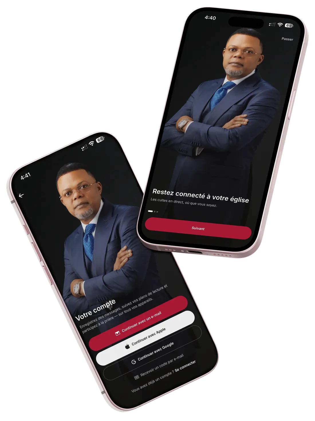 L'application JC Diambilay Ministries sur deux téléphones